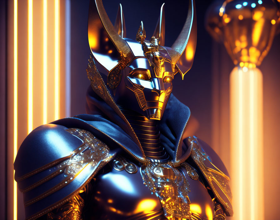 Golden-armored figure in horned helmet under neon light