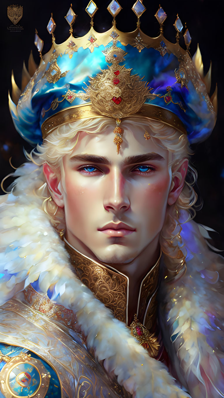 Majestic figure with blue eyes and crown in luxurious attire