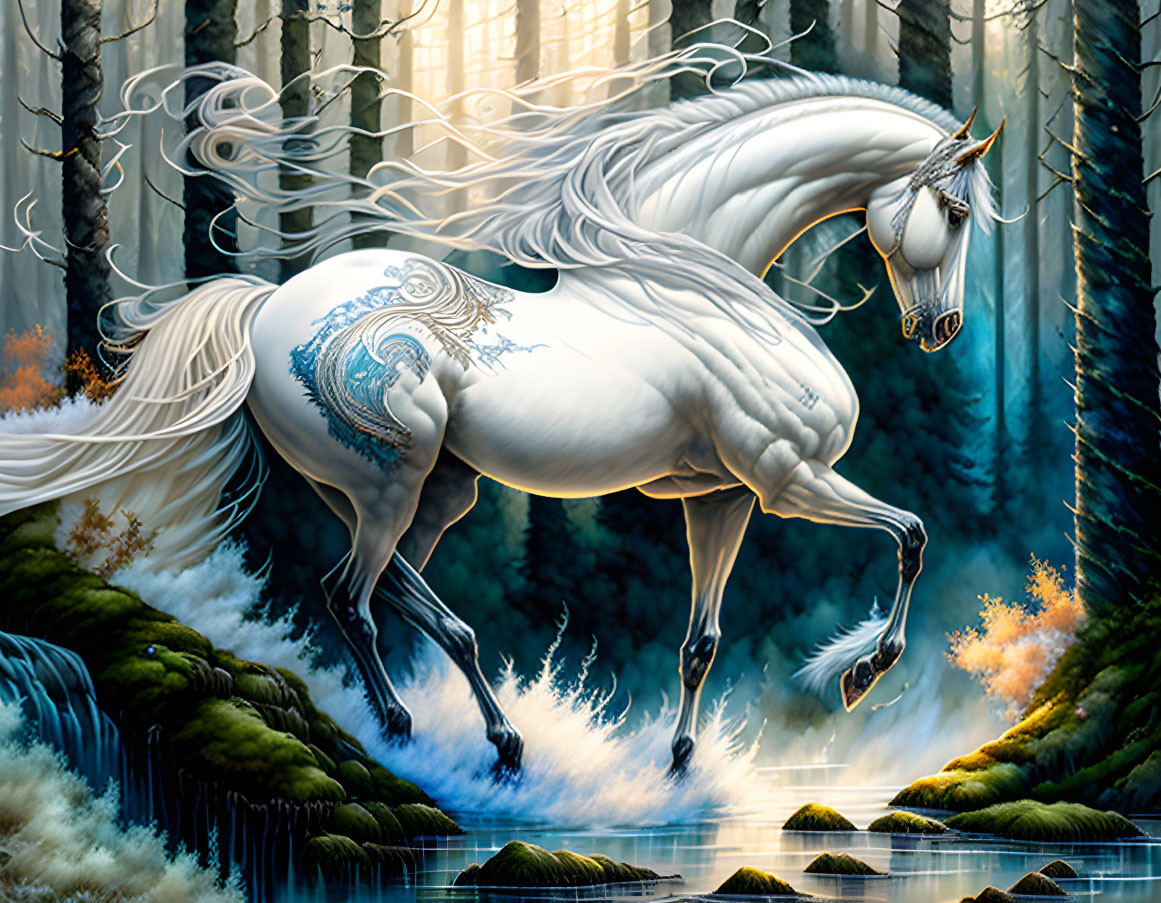 White unicorn with long mane gallops in mystical forest