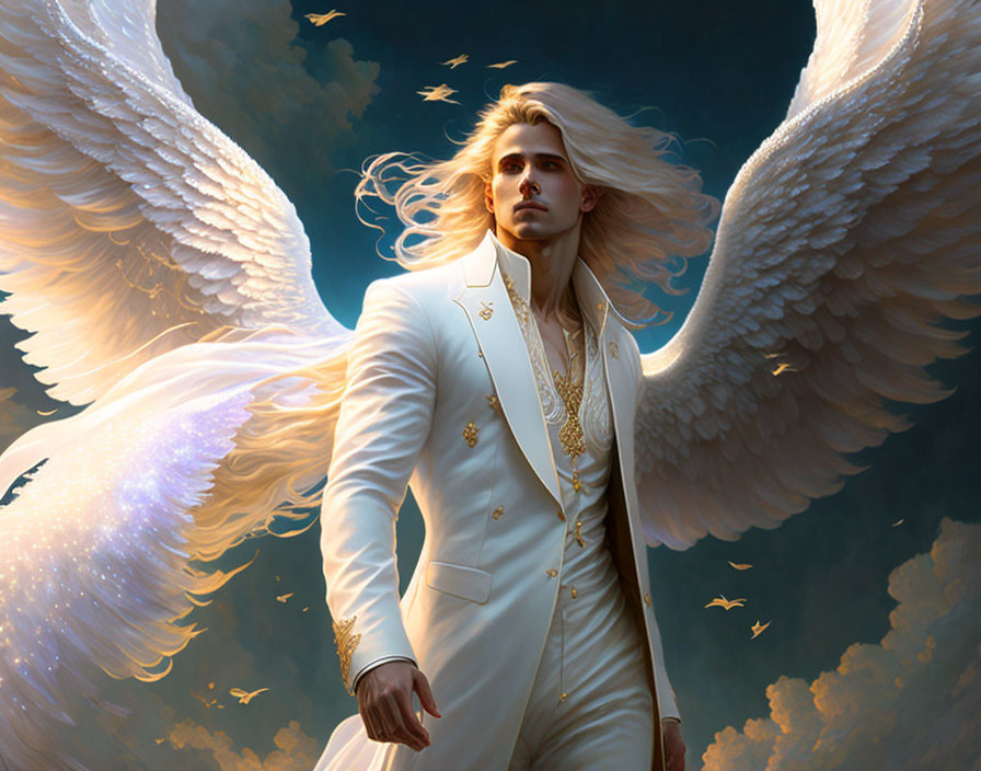 Blond angel with white wings in elegant attire under serene sky