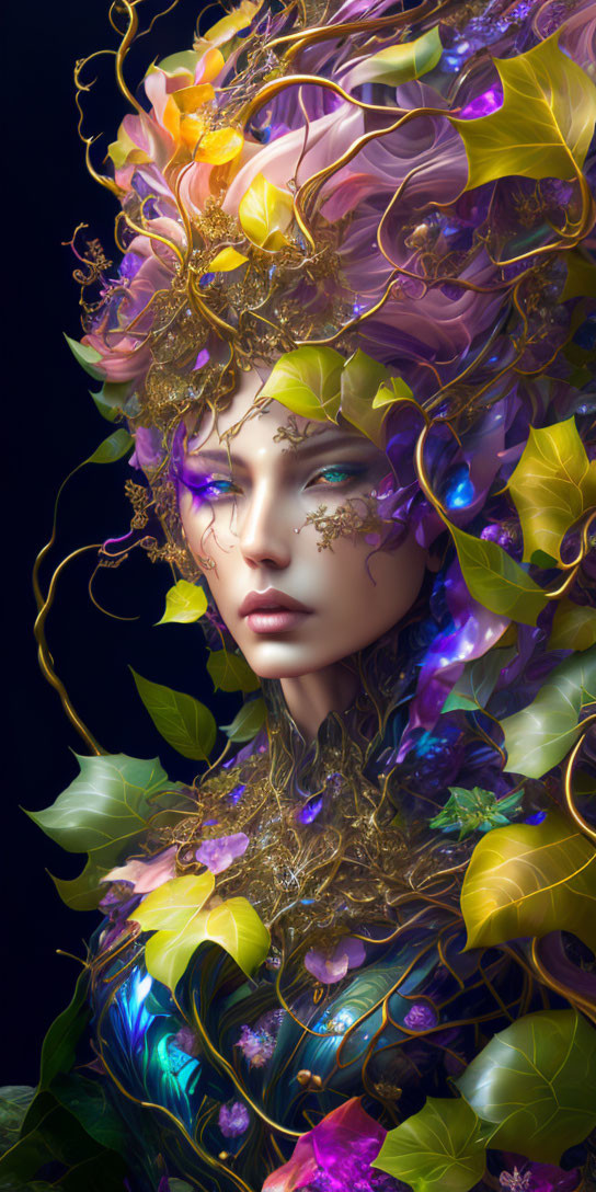 Surreal female figure with ornate floral headdress in vibrant colors