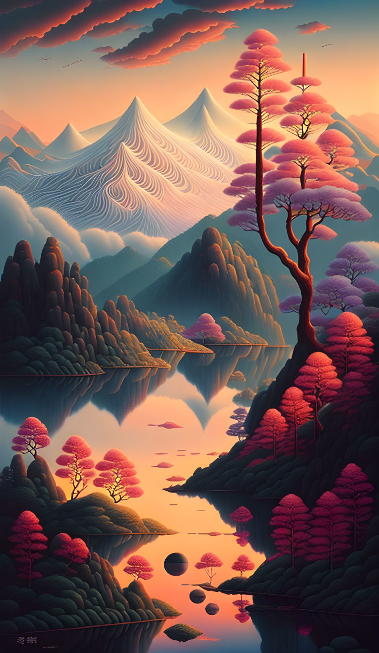 Pink-toned trees reflected in calm lake with hills and mountains under gradient sky