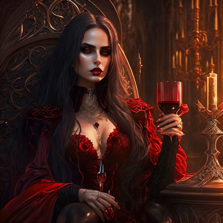 Gothic woman in red and black gown with wine glass in ornate setting