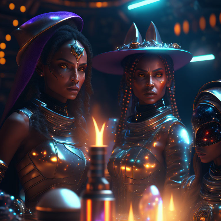 Three women in futuristic attire with elaborate headgear, standing in a glowing light atmosphere.