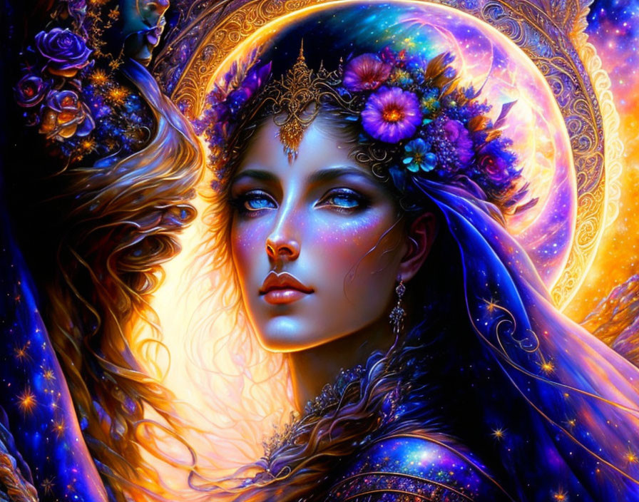 Fantasy Artwork: Woman with Floral and Celestial Adornments in Lunar Setting