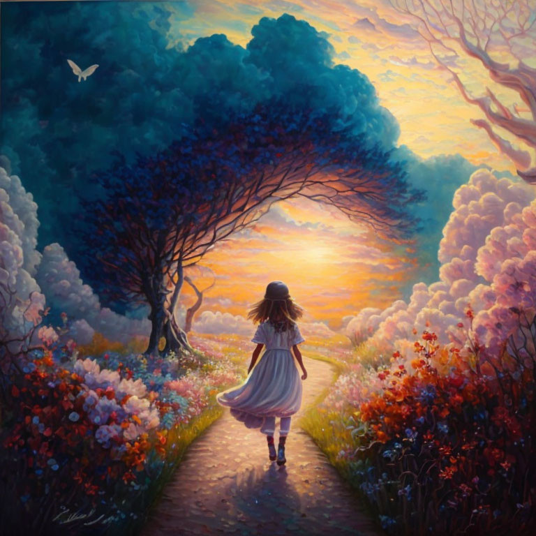 Girl in white dress and hat walking on flower-lined path towards colorful sunset landscape