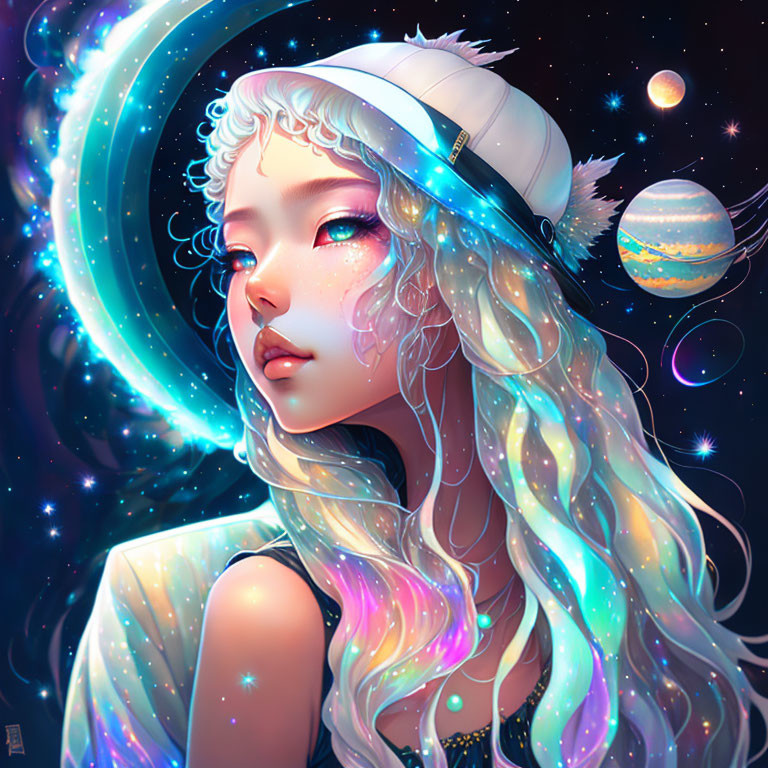 Iridescent girl with wavy hair in cap and headphones against cosmic backdrop