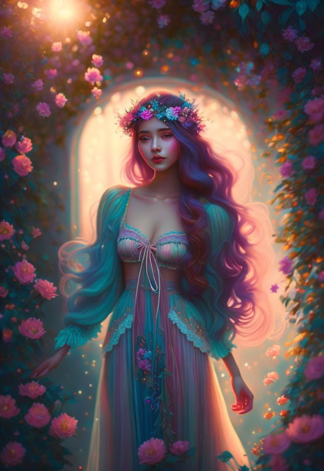 Violet-haired woman with floral crown in mystical setting