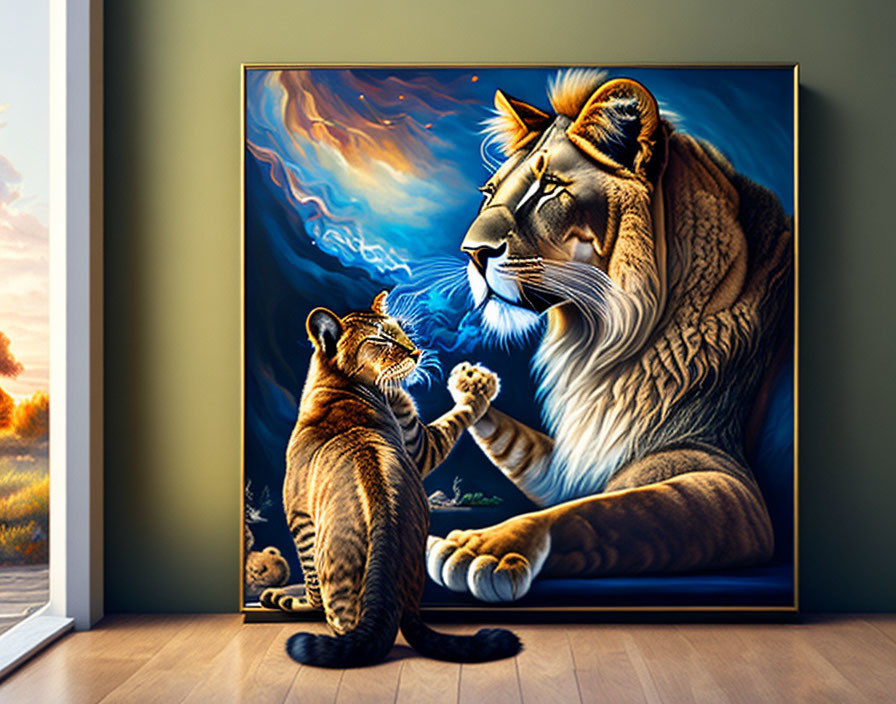 Majestic lion with cub in swirling sky backdrop in room