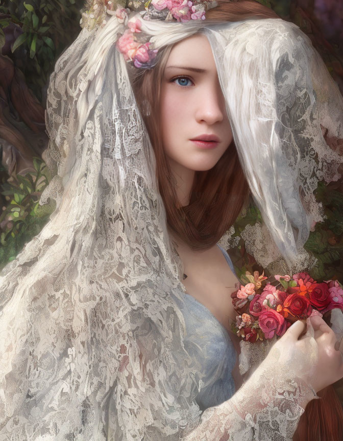 Woman with Floral Wreath and Lace Veil Holding Roses Bouquet