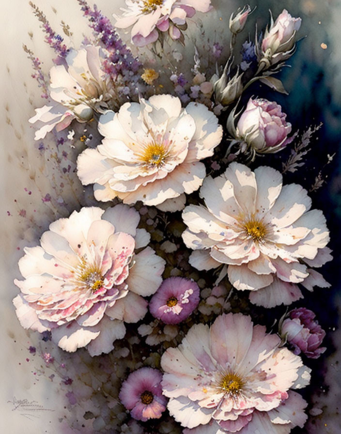 White and Pink Flower Painting with Visible Brushstrokes and Dark Shadows