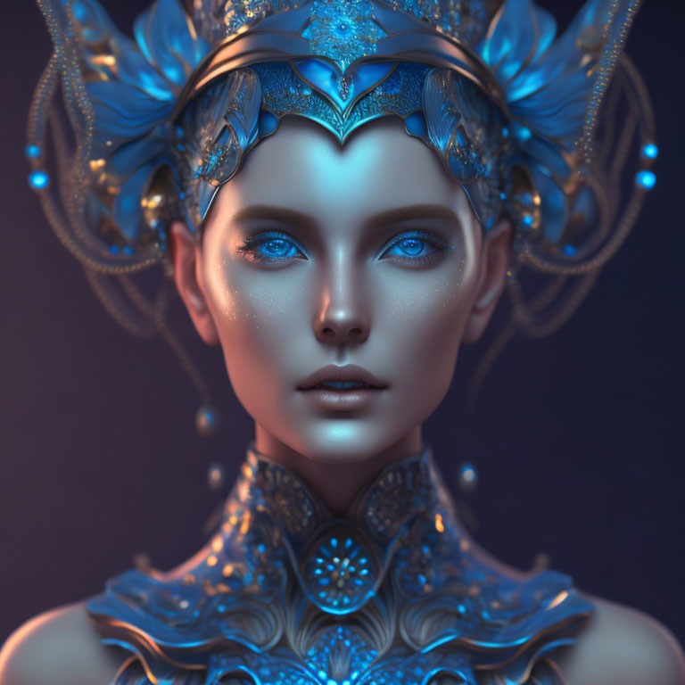 Blue-skinned female figure with ornate headgear in digital portrait