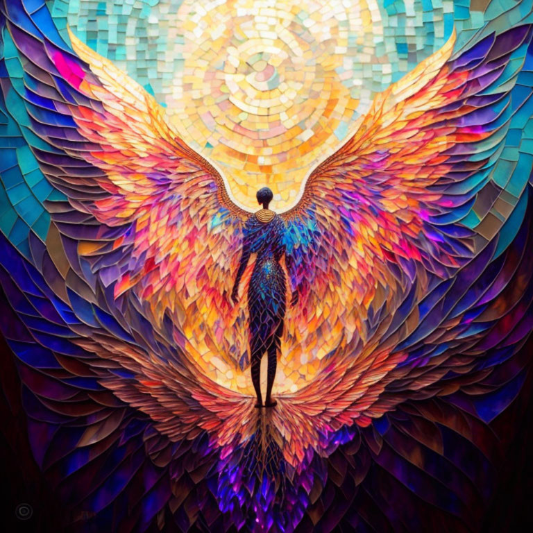 Colorful mosaic artwork: figure with phoenix-like wings against circular backdrop