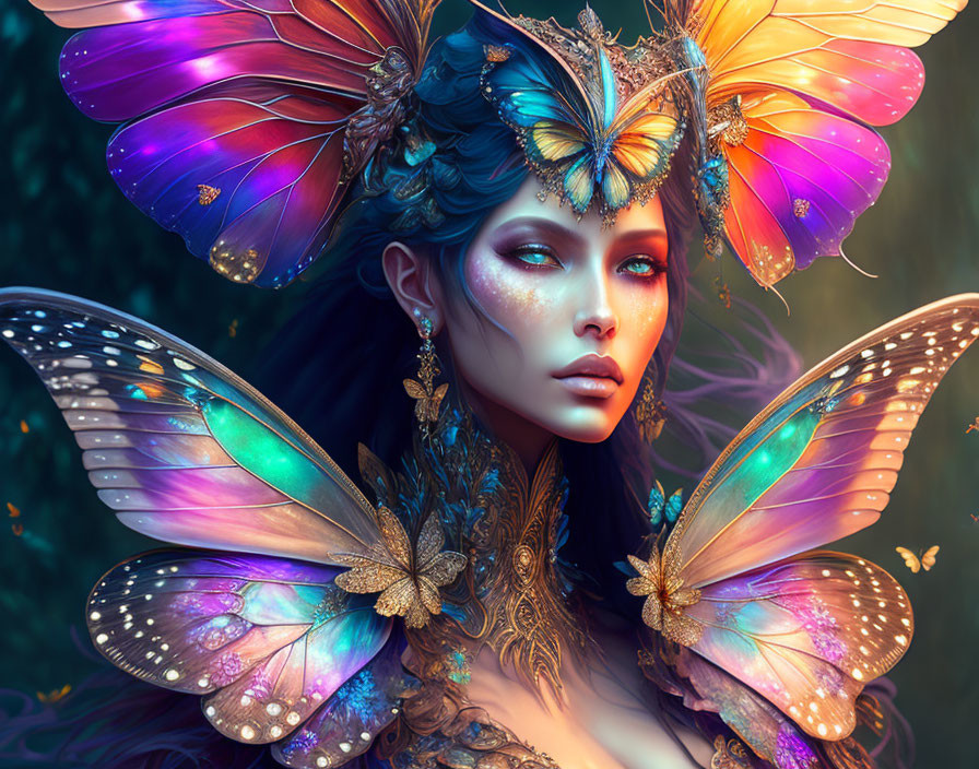 Woman with Vibrant Butterfly Wings and Nature-Inspired Crown