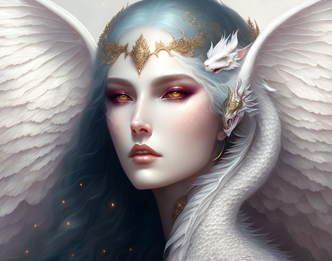 Fantasy illustration of winged person with golden crown and white dragon.