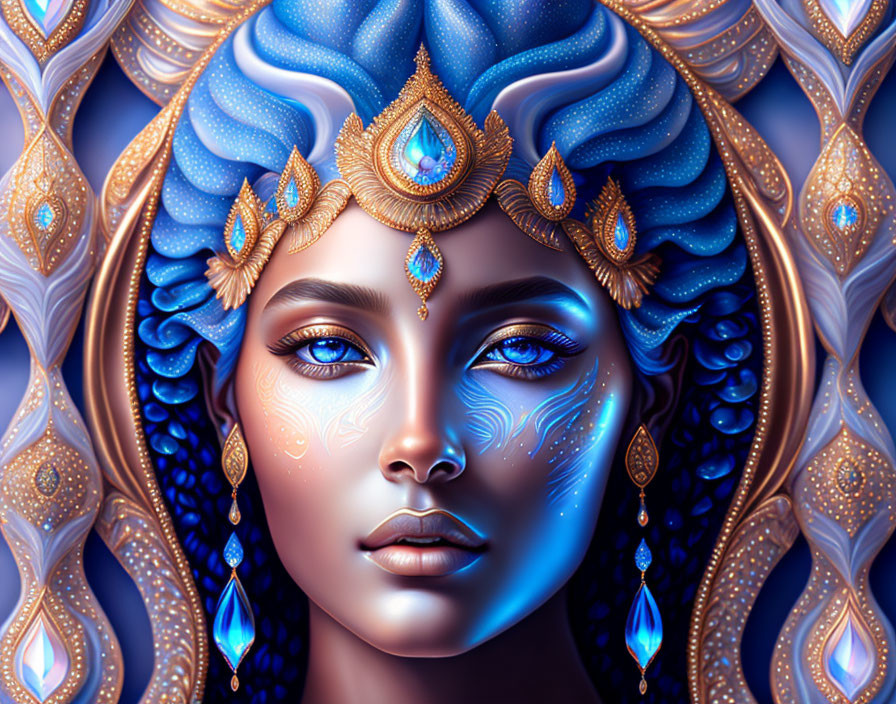 Detailed digital artwork: Woman with blue skin, golden headdress, ethereal patterns, decorative background