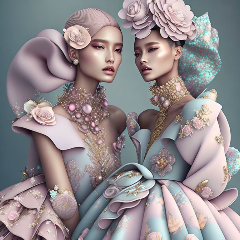 Stylized female figures in floral-themed attire with pastel tones