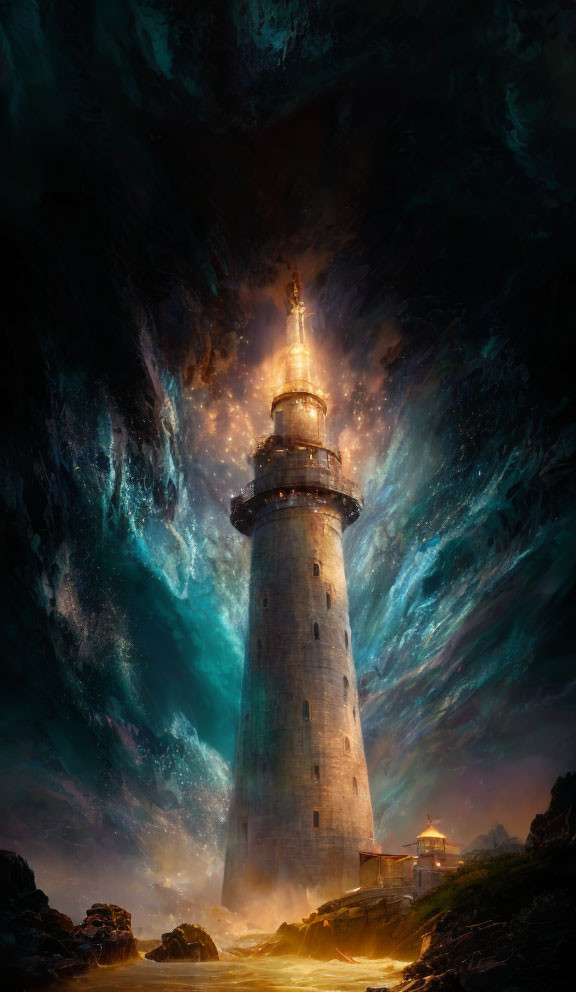 Majestic lighthouse in dramatic sky with swirling clouds and warm light