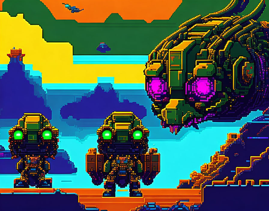 Pixel Art Style Image: Large Robots vs. Serpent-Like Entity