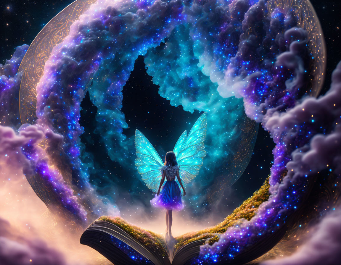 Open book with glowing fairy in cosmic setting