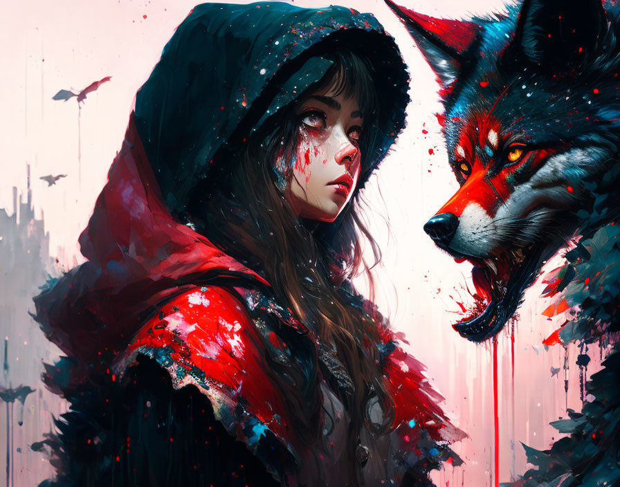 Fantasy-themed artwork of girl in red hood with wolf in dramatic colors