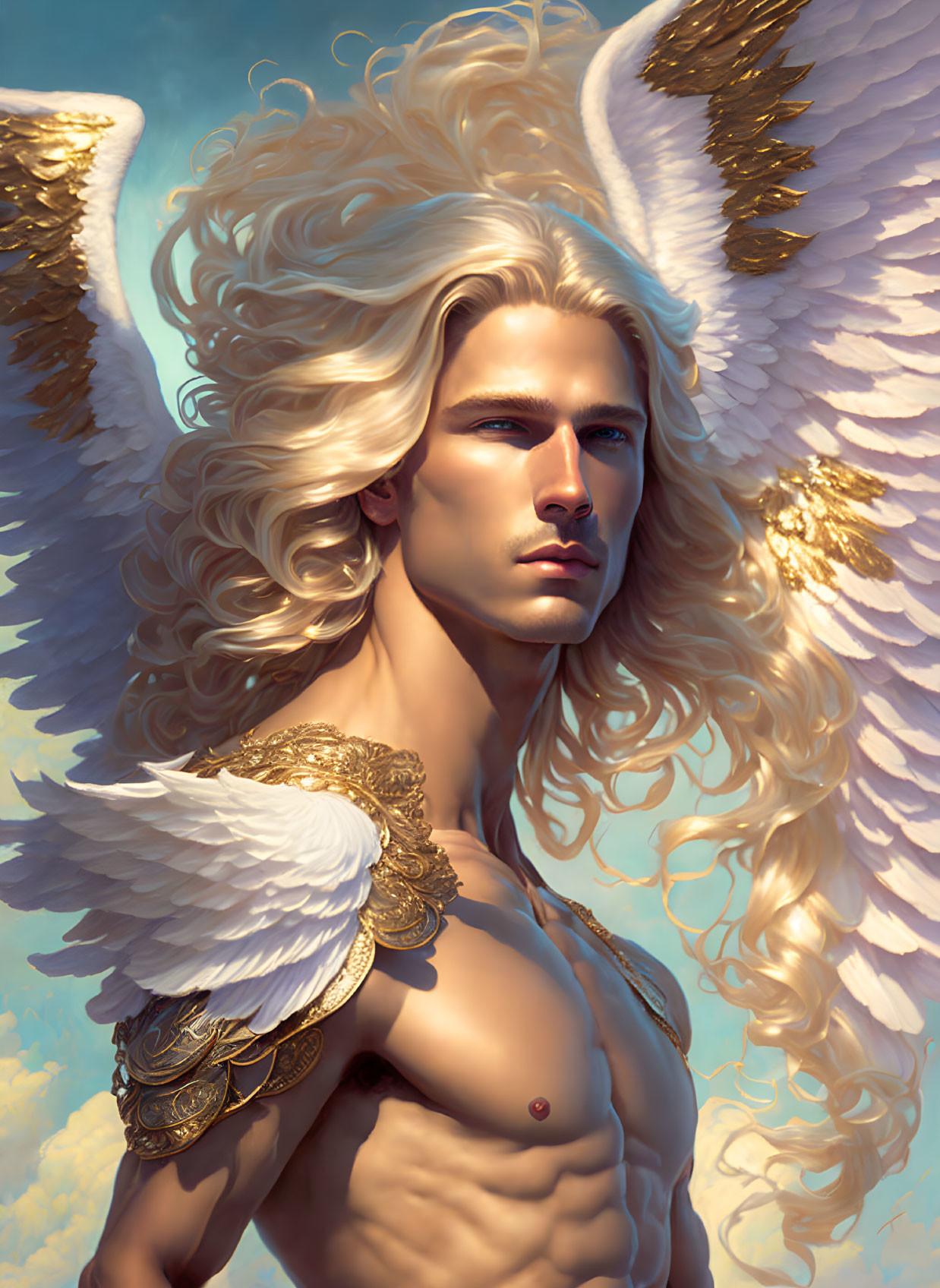 Blond angel with intense gaze and feathered wings against cloudy sky