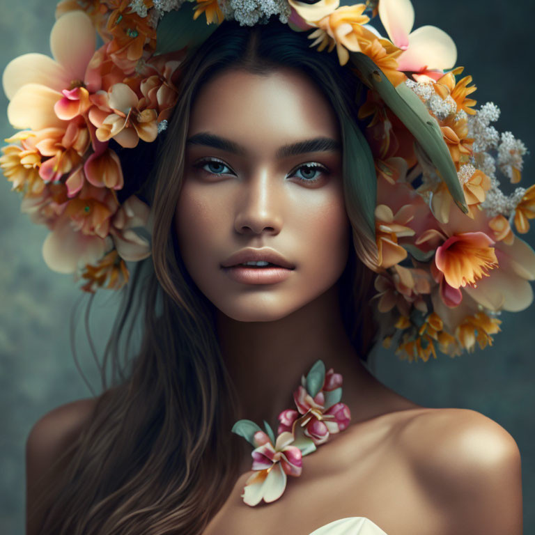 Woman with Floral Headpiece and Blue Eyes in Serene Gaze