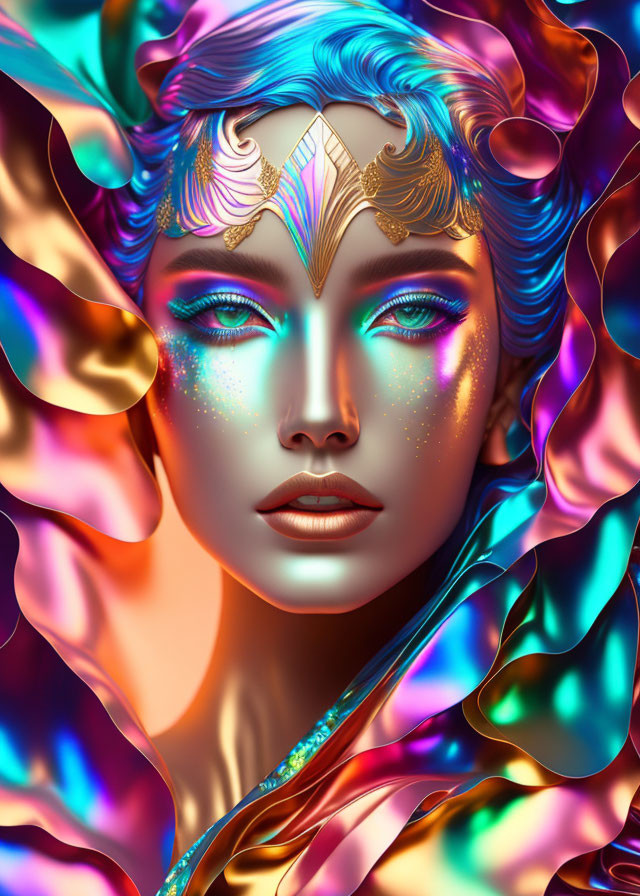 Vibrant digital artwork: Woman with metallic gold skin, multicolored hair, glitter makeup