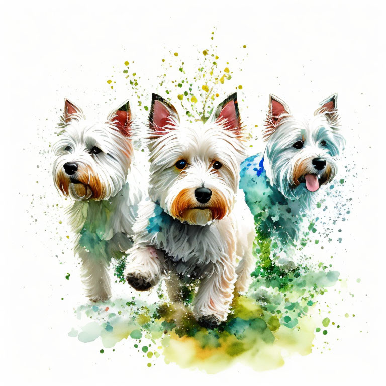 Three West Highland White Terrier Dogs in Vibrant Watercolor Style