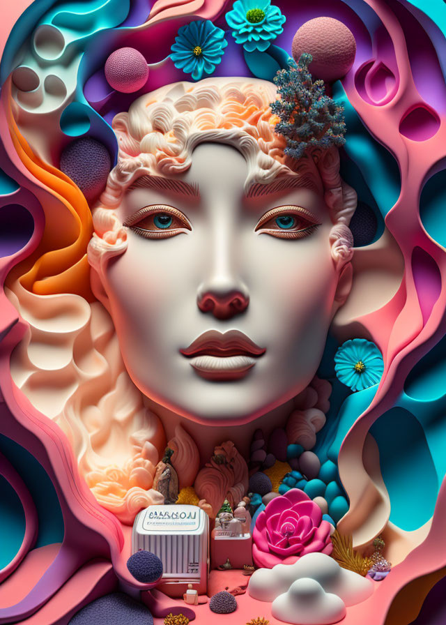 Vibrant surreal artwork: woman's face, intricate textures, abstract floral and coral shapes, labeled