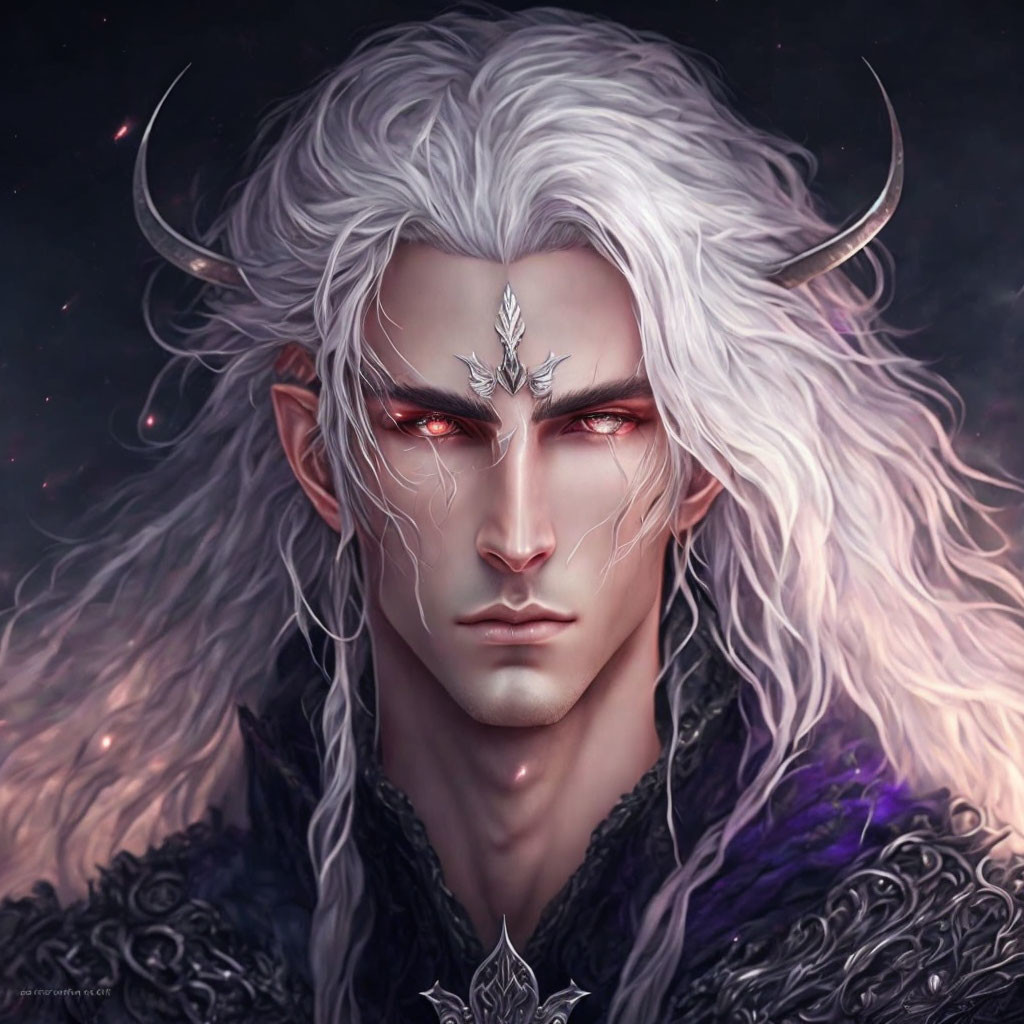 Fantasy character with pale skin, long white hair, horns, red eyes, and silver crown.