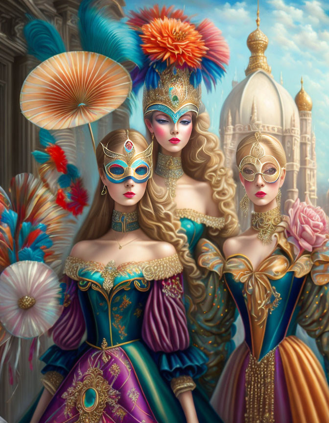 Elaborately dressed female figures in Venetian masquerade attire with ornate masks