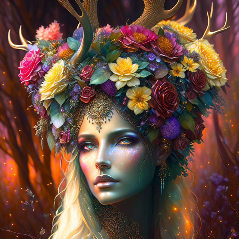 Mystical female figure with antlers and glowing skin in enchanted forest