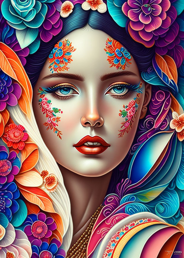 Vibrant digital portrait of a woman with floral patterns and surreal details