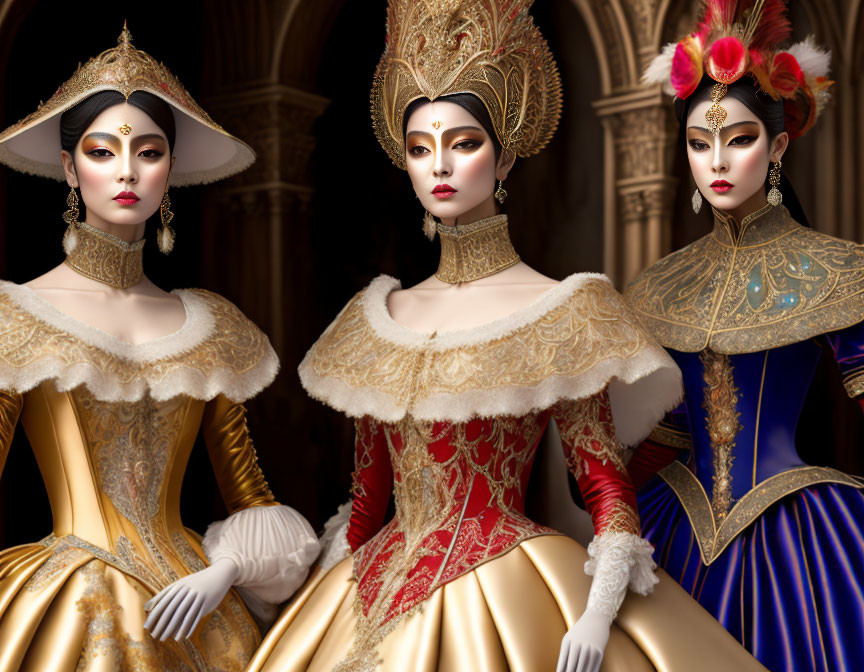 Ornate historical-inspired costumes on elegant figures