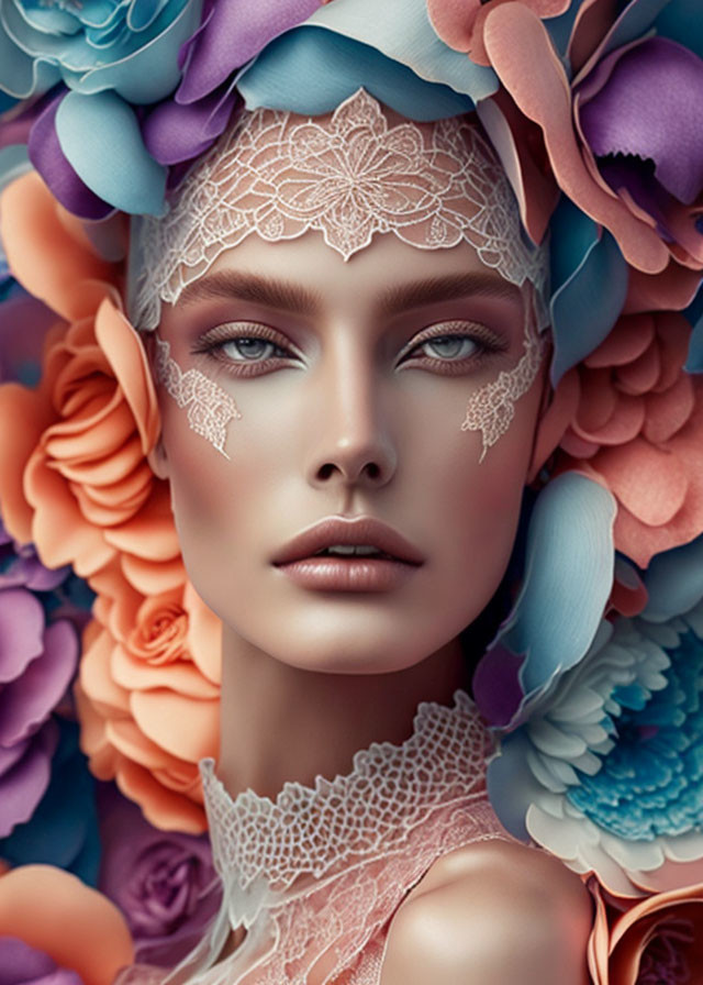 Woman with Floral Headdress and Lace Makeup Surrounded by Oversized Pastel Flowers