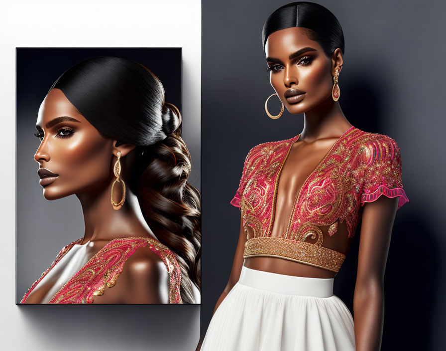 Woman digital artwork: sleek hairstyle, golden earrings, intricate golden and pink outfit