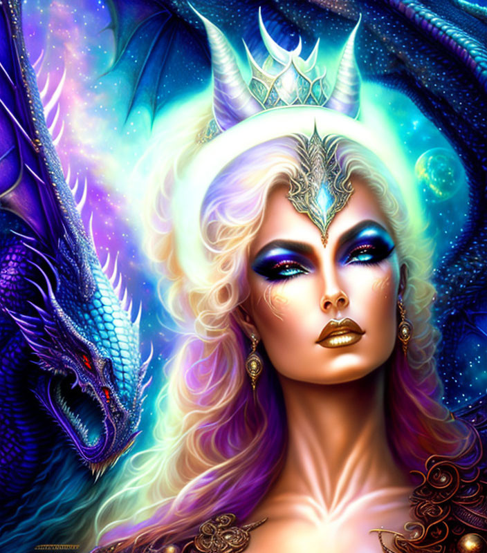 Regal woman with crown and icy jewelry beside blue dragon in mystical setting