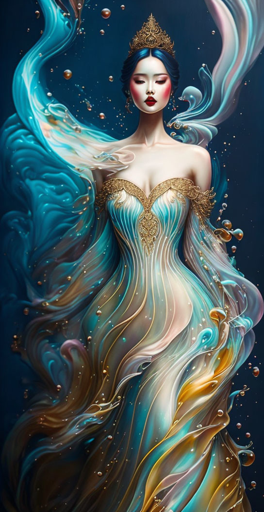 Ethereal woman in ornate gown with blue and gold swirls and crown