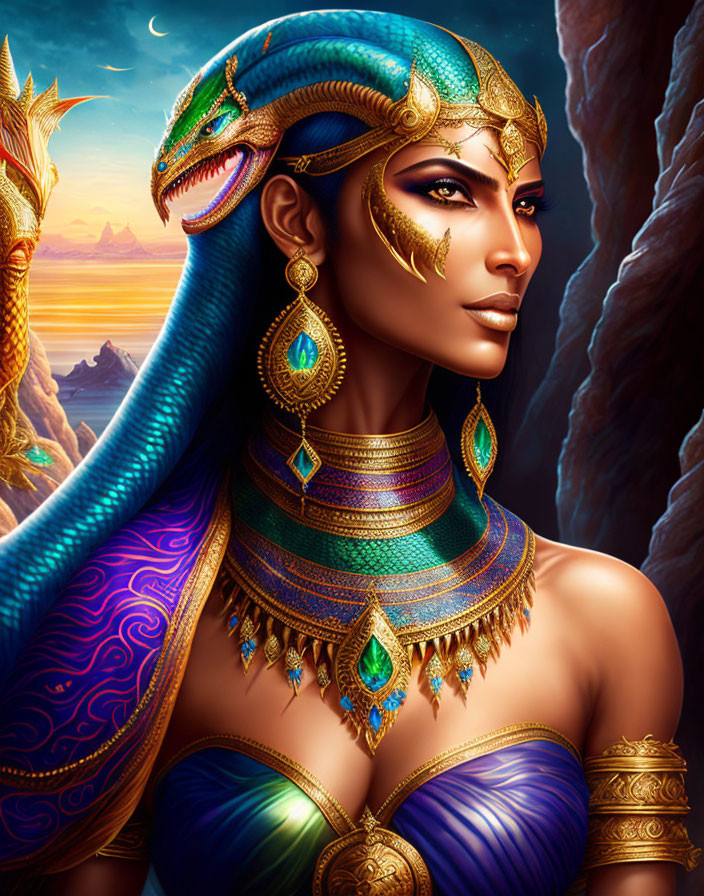 Digital artwork featuring woman with golden skin in blue and gold jewelry with dragon-like headdress against mountainous