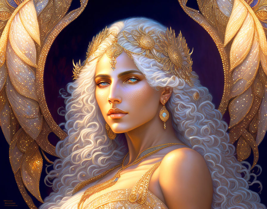 Digital Artwork: Woman with White Hair, Gold Jewelry, and Glowing Wings