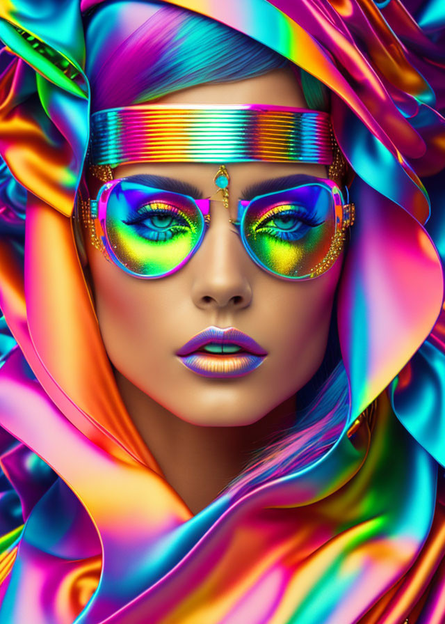 Vibrant portrait of woman with colorful makeup and rainbow headscarf