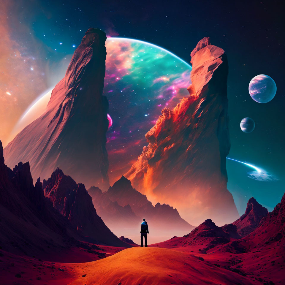 Person standing on red alien landscape under vibrant cosmic sky