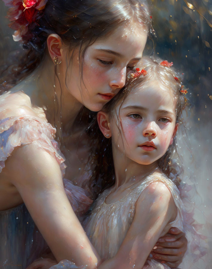 Two girls embracing with flowers in their hair, one protective, one thoughtful.