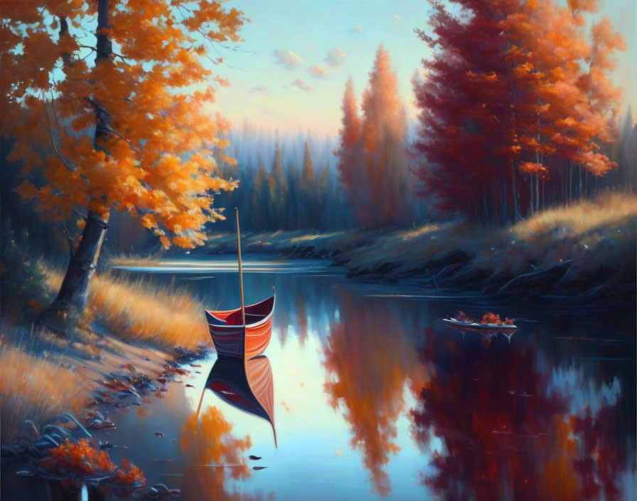 Autumn river landscape with red sailboat and colorful foliage