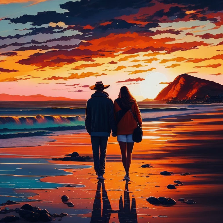 Romantic couple walking on beach at sunset with vibrant sky and water reflections