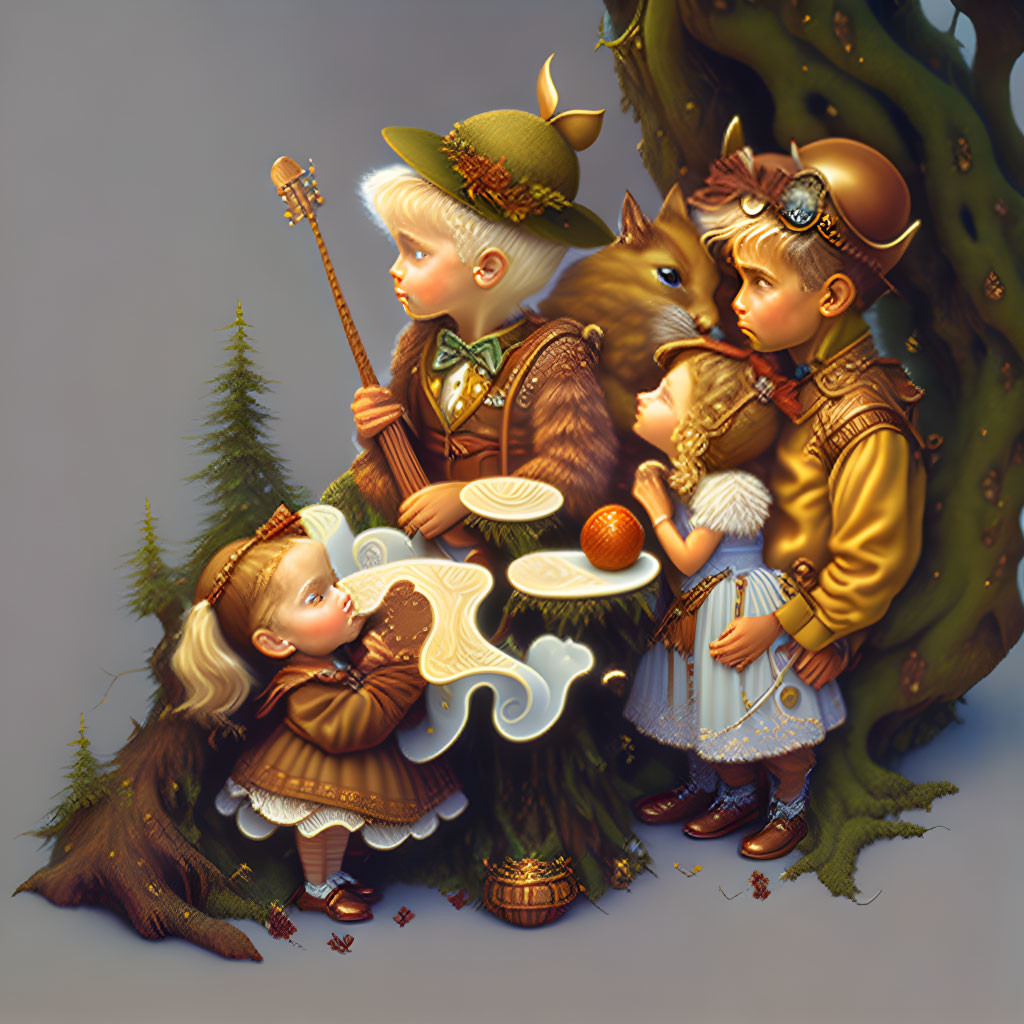 Vintage-themed children and fantasy creature in whimsical woodland setting