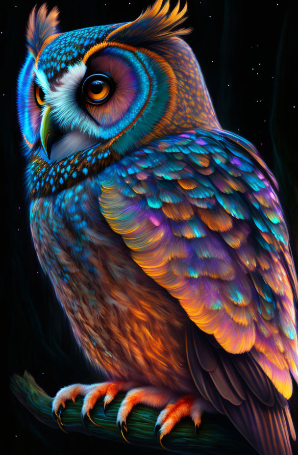 Colorful Owl Illustration with Intense Eyes on Starry Night Background