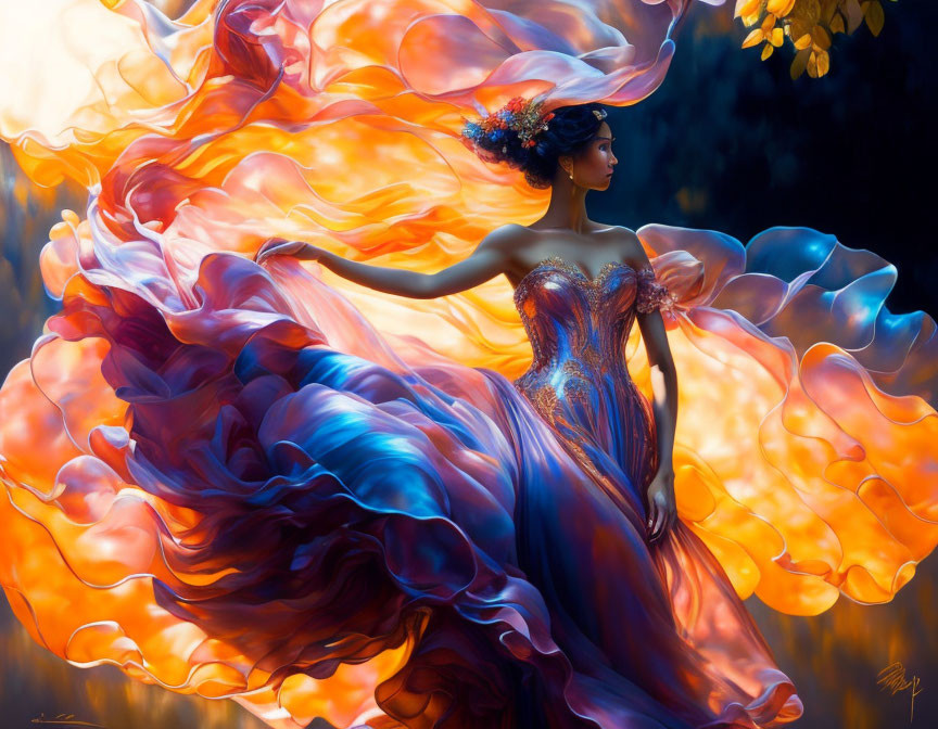 Woman in vibrant flame-like gown exudes elegance and movement