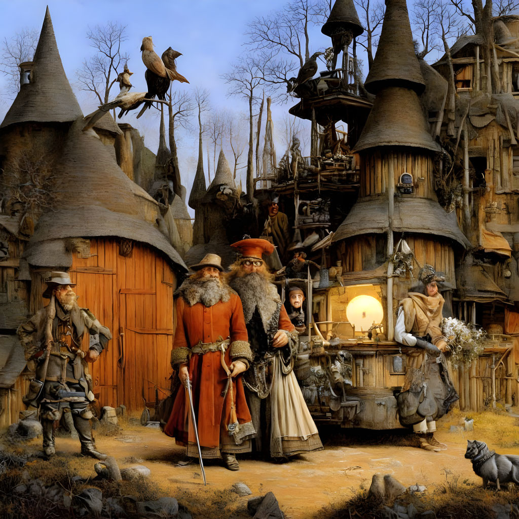 Medieval fantasy scene with characters, wooden buildings, crow, cat, and glowing forge